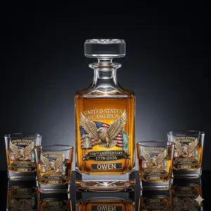 Personalized USA 250th Anniversary Whiskey Decanter Set – 750ml Square Glass Decanter with 4 Rocks Glasses – Custom Name Patriotic Gift