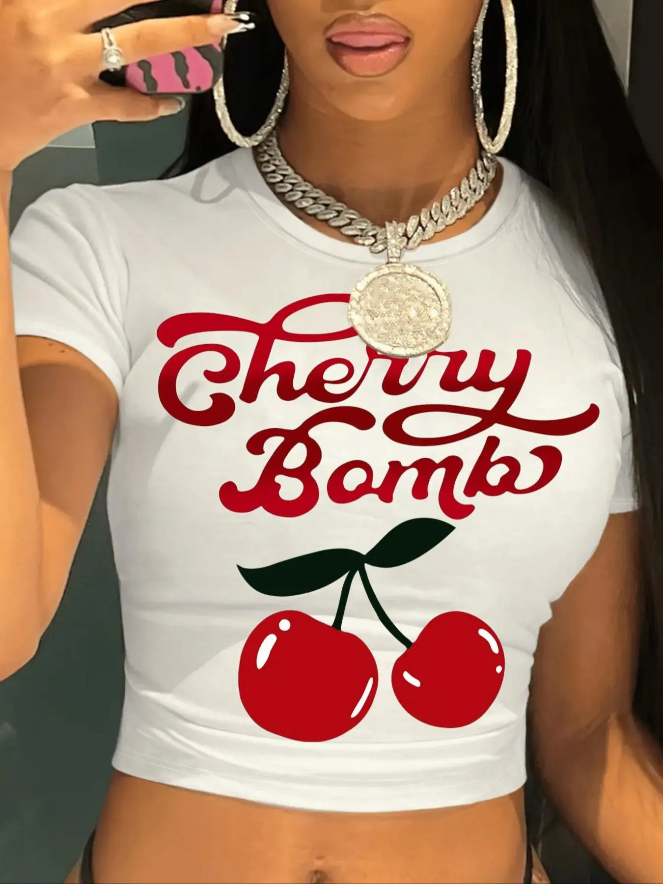Women's Cherry & Letter Print Round Neck Crop Tee, Casual Short Sleeve Crew Neck Skinny T-shirt for Summer, Fashion Women's Top for Daily Wear, Graphic Tees Women, Aesthetic Fruit Tee, Women's Clothing, T Shirts for Women, Casual Cropped Tees