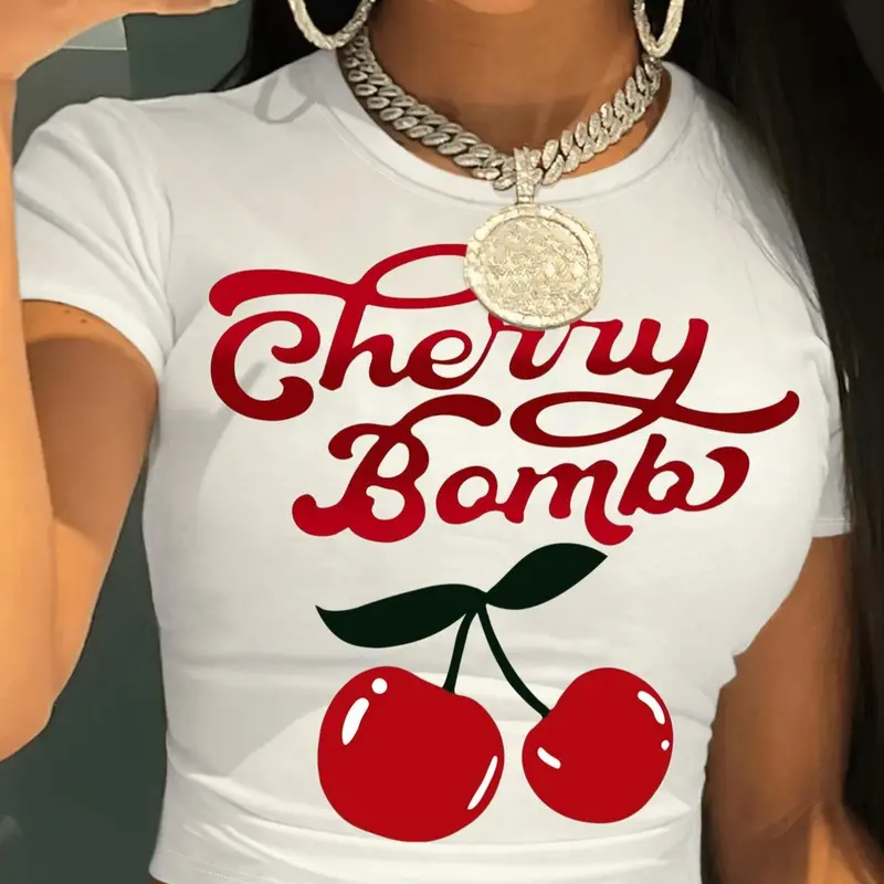 Women's Cherry & Letter Print Round Neck Crop Tee, Casual Short Sleeve Crew Neck Skinny T-shirt for Summer, Fashion Women's Top for Daily Wear, Graphic Tees Women, Aesthetic Fruit Tee, Women's Clothing, T Shirts for Women, Casual Cropped Tees