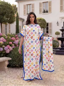 Women's Elegant Chic Geometric Print Robe Set, Fitted Long Dress + Headscarf Scarf Hairband, Beach Sun Protection Satin Silk Shawl