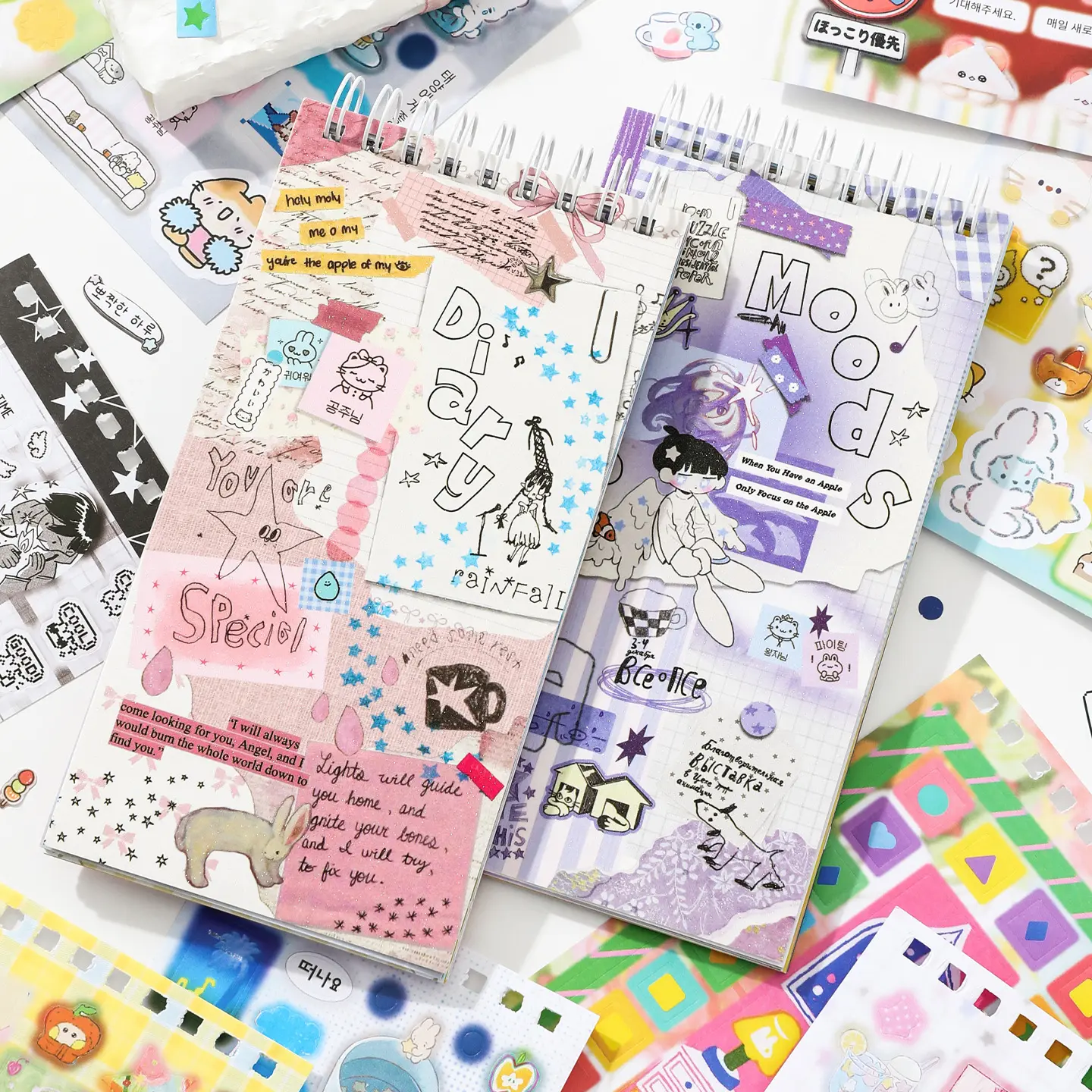Skinny Flip-Top Scrapbook Sticker Pad - High-Quality Paper Cutecore Scrapbooking Sticker Packs (Single/Bundle, 20 Sheets) with Pastel Kawaii, Grunge Eclectic, Illustration Decals for Pocket Bujo Toploader, Scrapbook Stickers