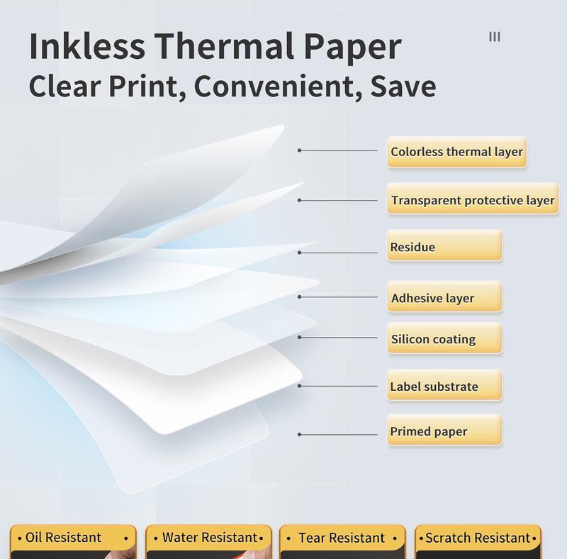 Portable thermal paper, self-adhesive, suitable for use in schools, offices, and homes. Can be used to print clothing labels, spice jar labels, name tags, with a waterproof, oil-resistant, and durable design.