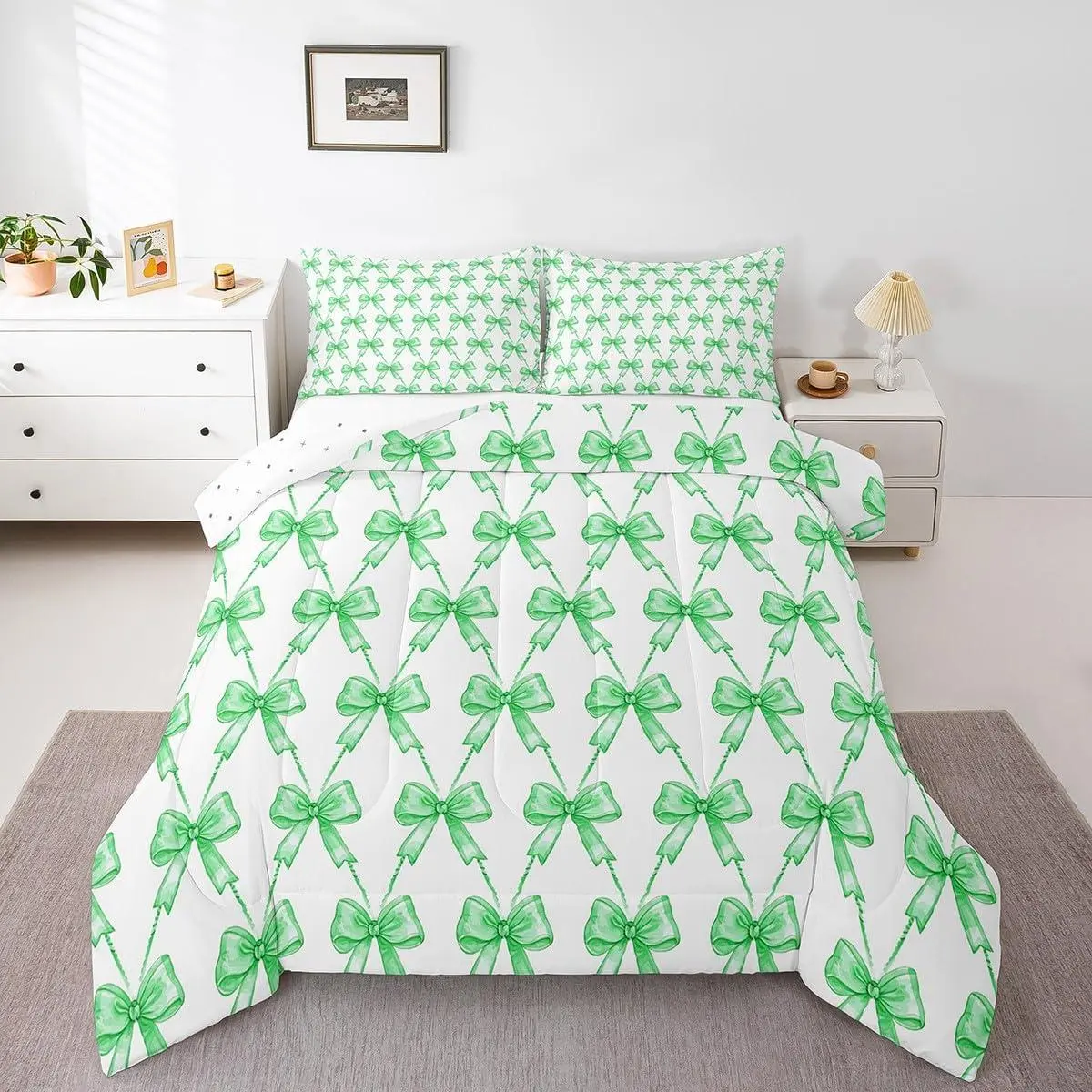Gray Bow Comforter Set Cute Bowknot Bedding Set Bow and Stripes Comforter Women Men Kawaii Duvet