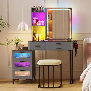 Miuvanity Set with 24-Color RGB Lights Wireless Charging HD Mirror 6-Drawer Chest & Big Storage Furniture Organizing Modern Glass Desktop Divided Drawer 3 LED Lighting Makeup Mirror Smart Human Sensor Button