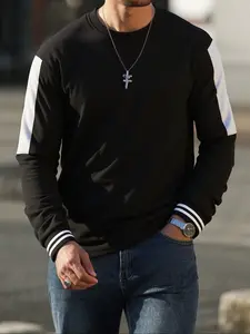 Men's Loose-Fit Casual Pullover Sweater, Breathable Plain Color Block Design, Comfortable & Stylish for Fall Winter Wear