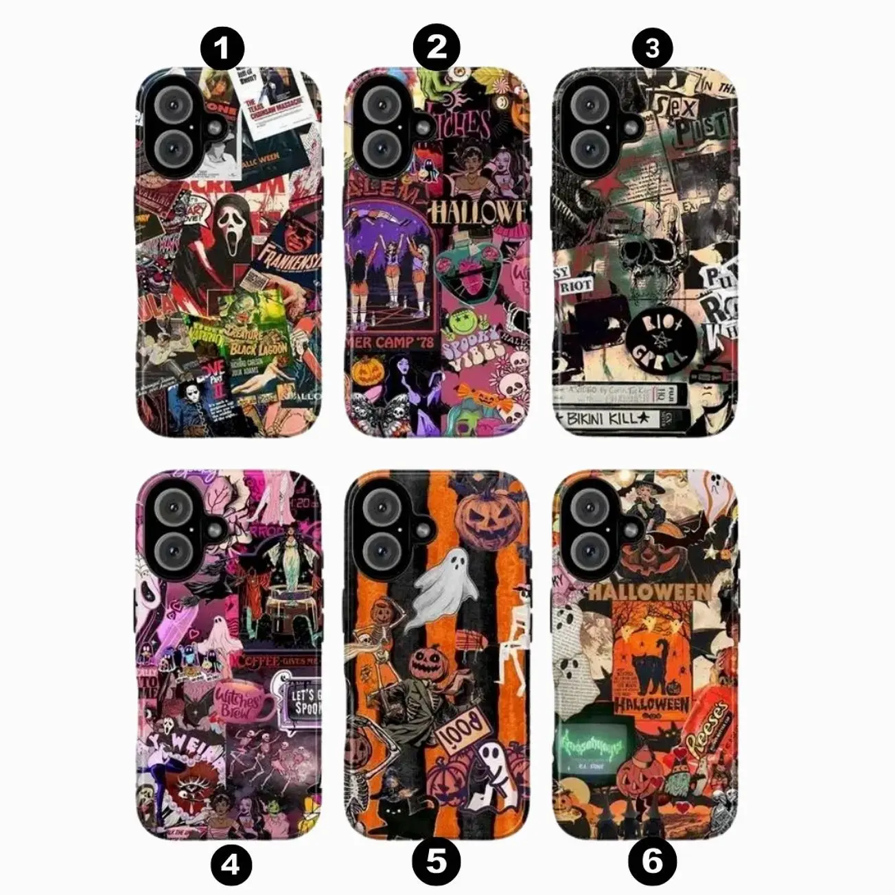 Vintage Halloween Collage Phone Case, Spooky Season Grunge Poster Ghostface Aesthetic Phone Cover for iPhone X, 11, 12, 13, 14, 15 & more –  SS Galaxy S21 to S25 Ultra, Plus with Suction