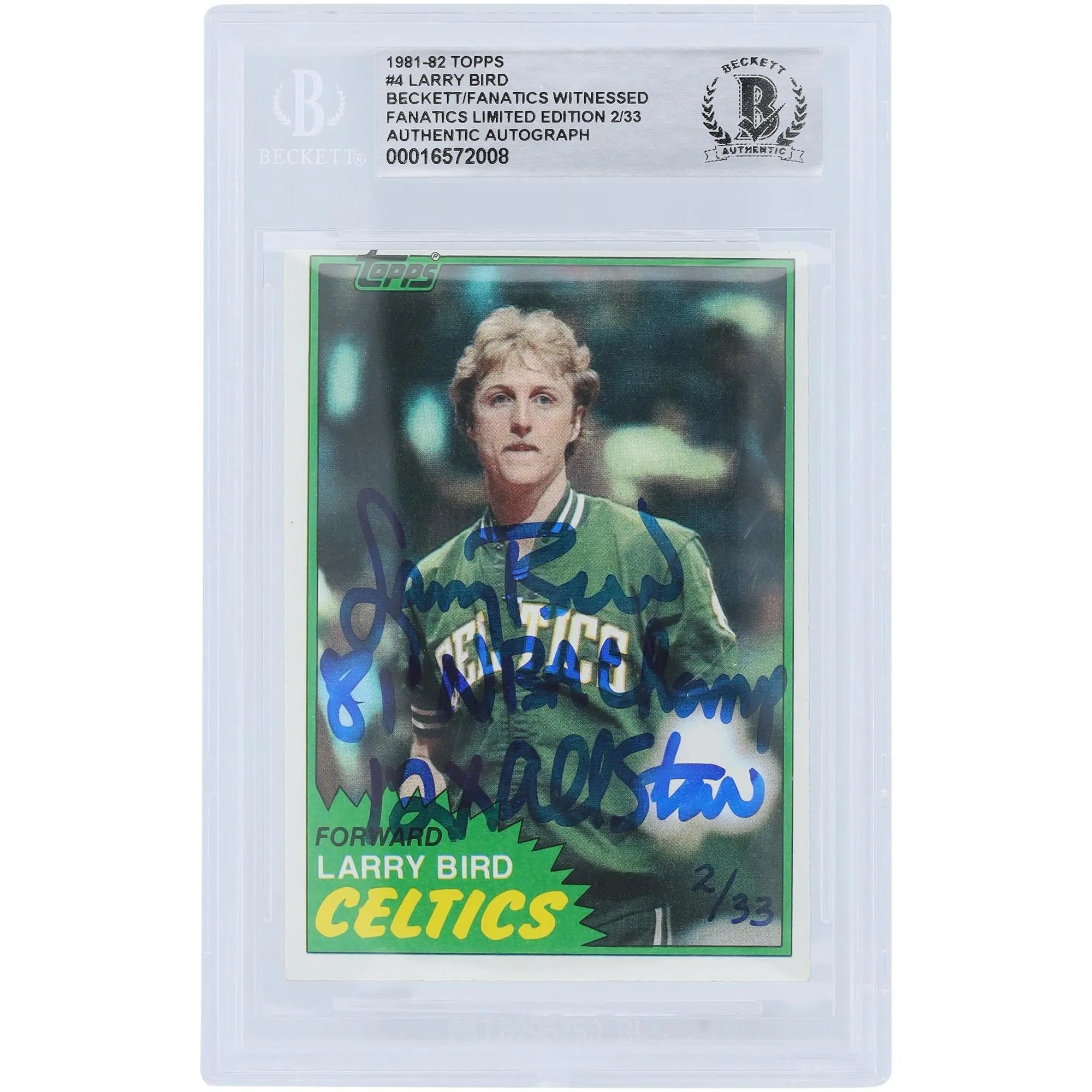 Larry Bird Boston Celtics Autographed 1981-82 Topps #4 #/33 Beckett Fanatics Witnessed Authenticated Card with Multiple Inscriptions - Fanatics Authentic Certified