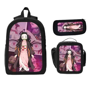 Demon Slayer Nezuko Anime Character Backpack Set Student Backpack Pencil Case Lunch Bag Bundle for Fans with Nezuko Artwork Ideal for Everyday Use
