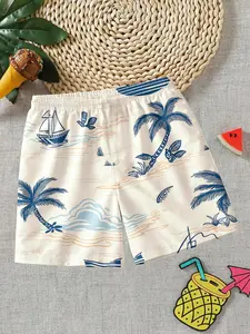 Boys' Blue Gradient Palm Tree Print Swim Trunks, Kids Tropical Beach Elastic Waist Boxer Shorts, Breathable Summer Clothing Bottoms
