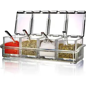 4- Condiment Containers with , Spices Box and Seasonings sets for Salt, Sugar,Pepper-Sugar Container with Spoons  Ideal for Countertop Seasoning Organizer, Topping Containers