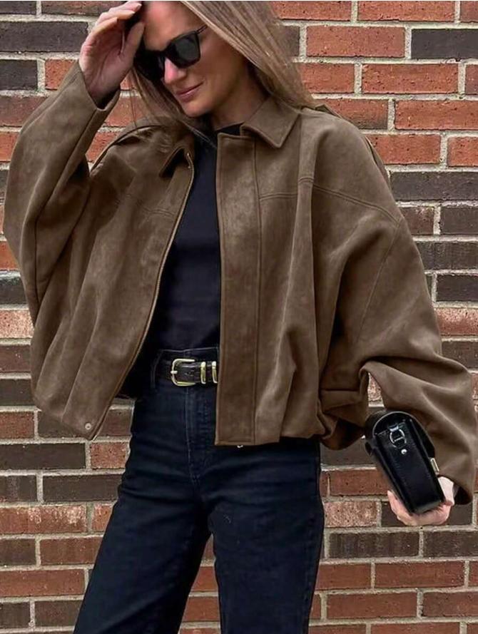 Women's Casual Army Green Jacket with Lapel Design Batwing Sleeves Button Front Lightweight Fashionable for Spring Autumn Winter All Match Tops Coats Womenswear Outerwear Fitted Basic Collared Minimalist length sleeve Dark Brown