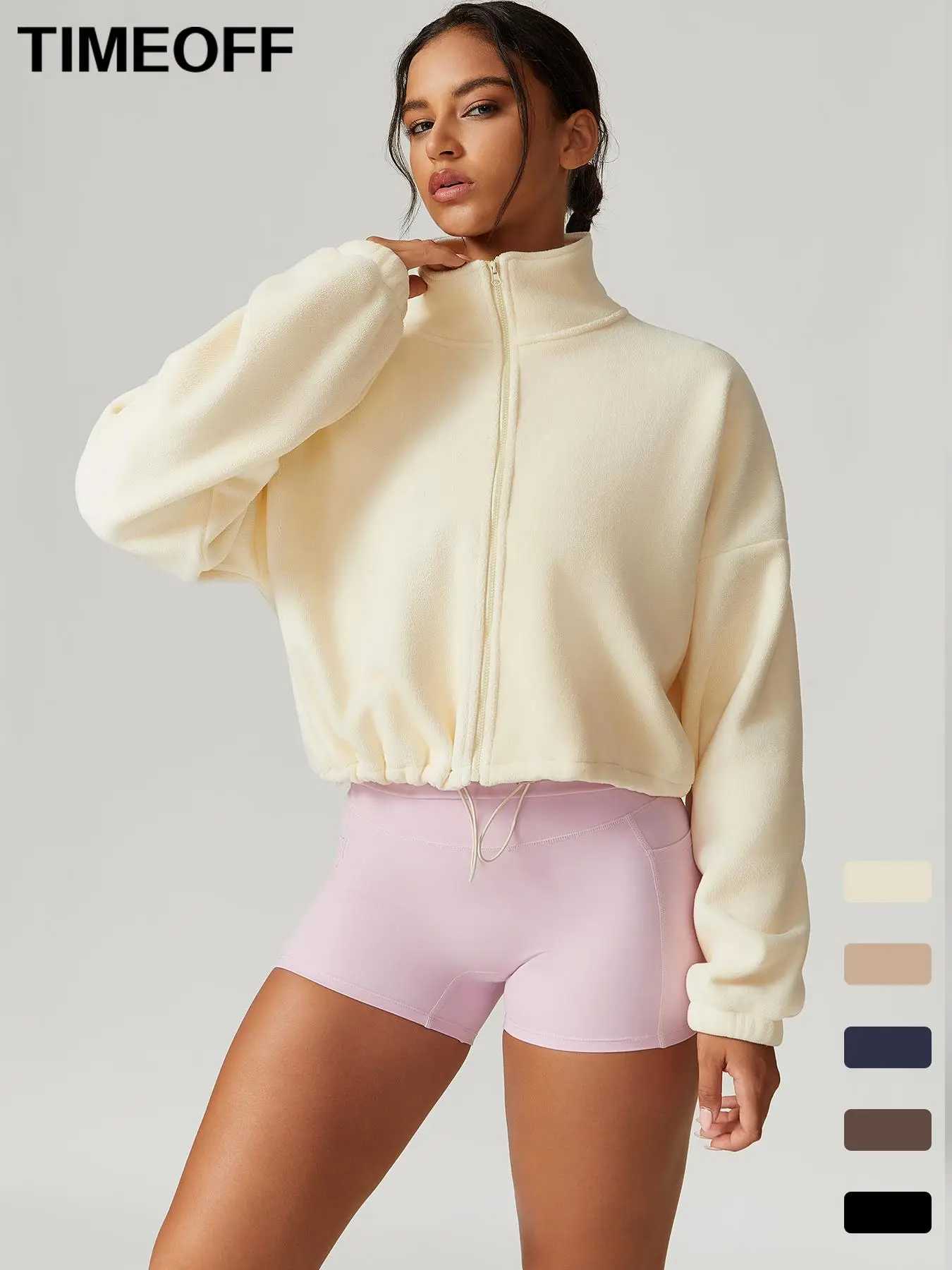 TimeOFF Women's Patchwork High Elastic Velvet Skin-Friendly Collar Zipper Lower Waist Tightening Yoga Jacket Outdoor Running Cycling Mountain Walking