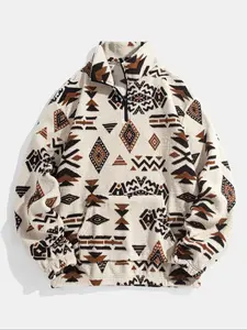 Men's Ethnic Pattern Zip Up Plush Loose Sweatshirt Casual Long Sleeve Pocket Collared Pullover Winter Clothes Daily Wear 2026 Breathable Soft Warm Cozy Lightweight Trendy Home Outdoor Streetwear Hip Hop