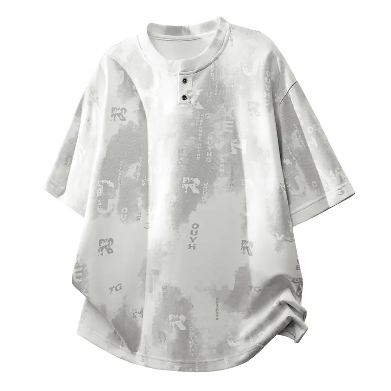 Men's Henley Neck Short Sleeve Tee with Two-Button Placket, Tie-Dye Faded Wash Effect, and Abstract Graphic Print for Urban Streetwear Style#SummerWins