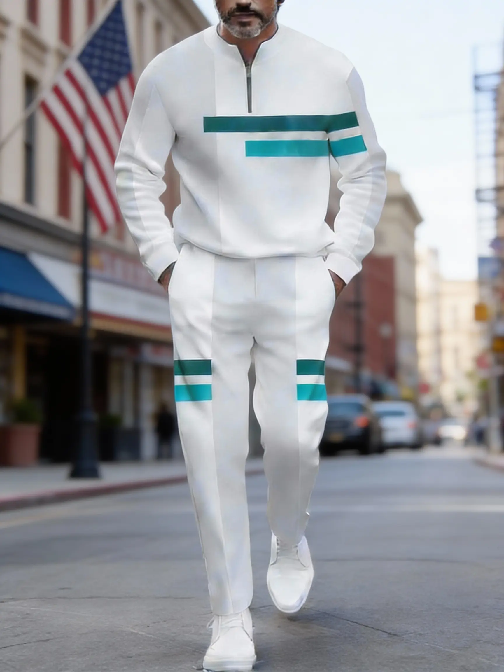Men's Comfortable Half-Zip Tracksuit Stand Collar Color-Block Stripe Print Slim-Fit Athletic Set White with Teal Stripes