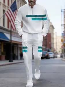 Men's Comfortable Half-Zip Tracksuit Stand Collar Color-Block Stripe Print Slim-Fit Athletic Set White with Teal Stripes