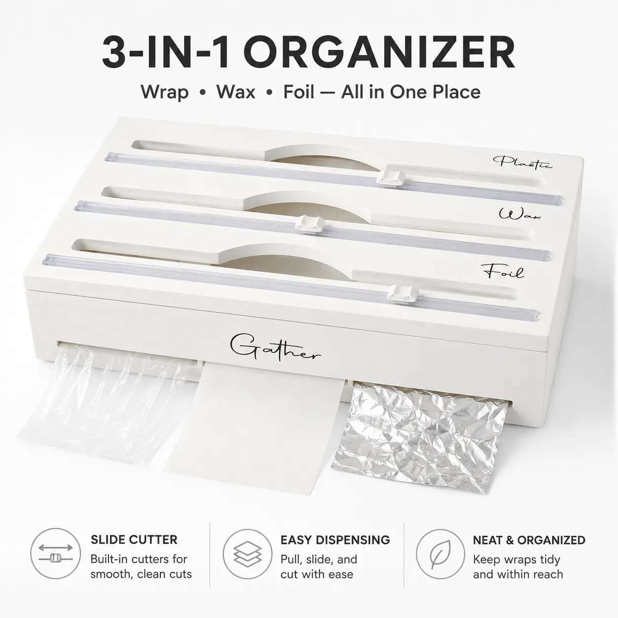 3-in-1 Kitchen Wrap Dispenser with Sliding Cutters, Countertop Organizer for Plastic Wrap, Wax Paper and Aluminum Foil