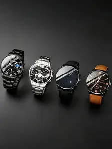 Men's Fashion Watch 4-piece Set, Business Design, Analog Watches, Alloy Case, Quartz Movement, Faux Leather Strap and Alloy Strap, Using Non Rechargeable Button Battery, Ideal Gift for Festivals and Father's Day