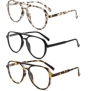 3 Pack Oversized Retro Aviator Reading Glasses for Women, Mens Big Lightweight Blue Light Blocking Computer Readers High Quality Eyewear Black+Brown Leopard+Grey Leopard