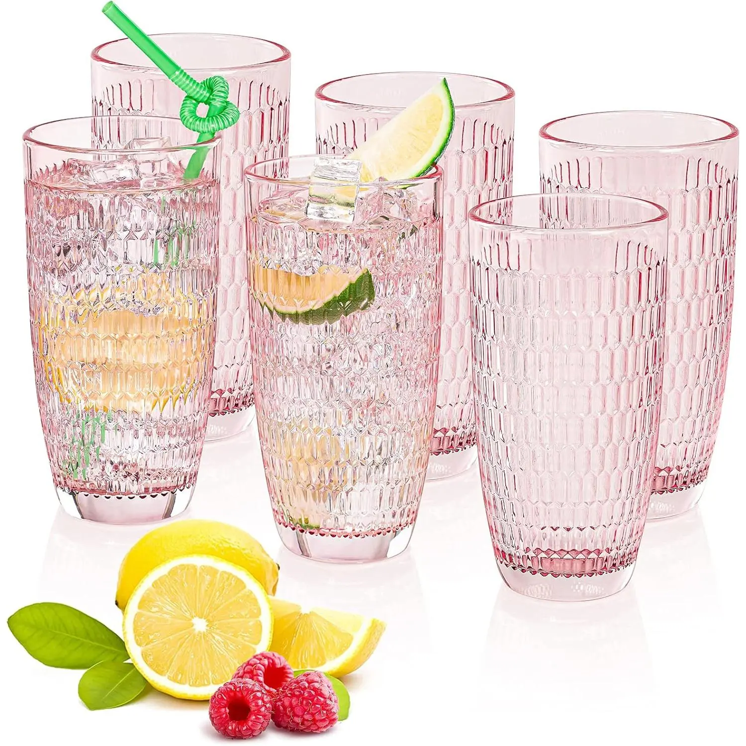Pink Highball Drinking Glasses Set of 6 - Sturdy, Stylish, Wide Mouth, 14.87oz/440ml Big Capacity, Thick Heavy Base, Honeycomb Embossed Cups for Iced Water, Soda