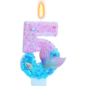 Mermaid Themed Number 5 Girls Glitter Birthday Candles 2.87 inch Cake Topper Decorations for Birthday Anniversary Party Decor Supplies