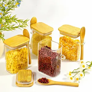 1/2/4pcs Glass Storage Jars with Bamboo Lid and Spoon, Transparent Kitchen Food Containers for Spices and Snacks, 340ML Stackable Design for Home Decor and Gift