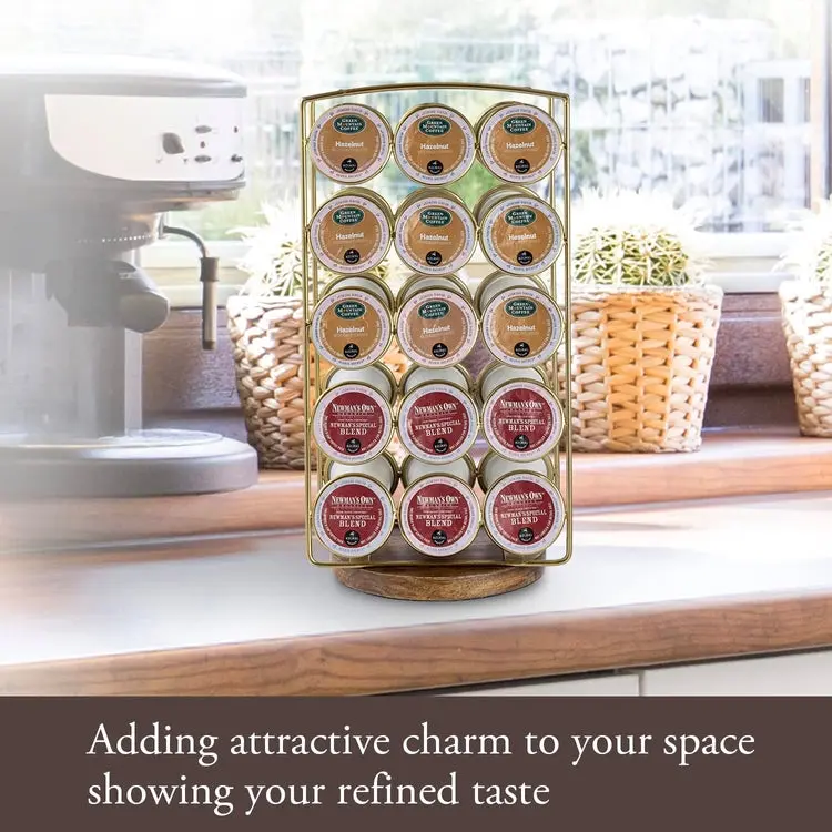 Brass Tone Plated Metal and Brown Mango Wood Coffee Pod Holder Stand, Tabletop Café Bar Coffee Capsule Storage Rack