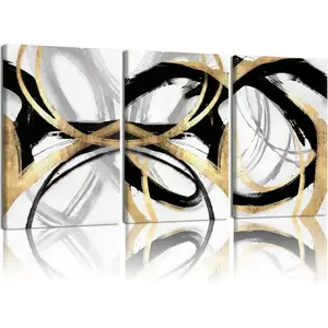 3Pcs Framed Black and Gold Canvas Wall Art for Living Room, Abstract Black and Gold Poster Print Wall Decor, Modern Minimalist Line Artwork for Office, Home, 12x16 Inches