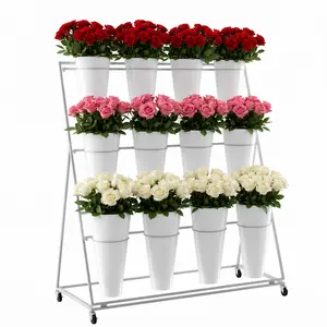3-layer 12 basket flower stand, wheeled flower display stand, white movable flower stand, suitable for courtyard lawns, gardens, flower bars, flower shops, and wedding venues decor