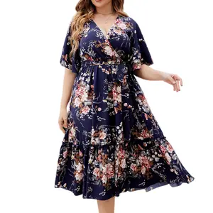 2026 New Arrival Plus Size Women's Dress V-neck Navy Blue Floral and Botanical Print Casual Soft Comfortable Elegant Loose Mid-length Dress TikTokShopJumpstartSale