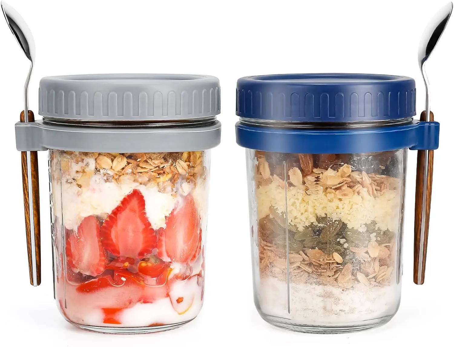 16oz Glass Mason Jar Overnight Oat Containers Set of 2 with Lid & Spoons, Airtight Food Storage Containers with Measurement Marks for Breakfast Milk, BPA-Free Kitchen Preserving Jars, Overnight Oats Jars