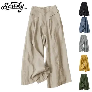 Women's solid color cotton and linen wide leg pants with elastic waist pleats and side pockets, cropped pants