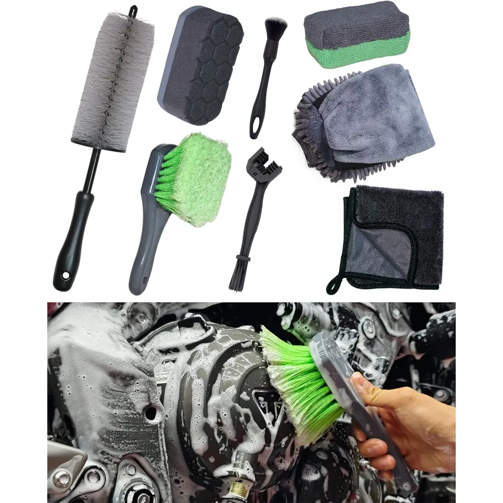 Pack of 8 Motorcycle Cleaning Kit, Professional Safe for Chrome/Engine/Tires, Hard Reach Brush, Microfiber Mitt, Detailing Tools, Drying Towel & Wax Applicators