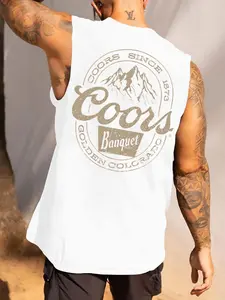 Men's Street Style Sleeveless Short Graphic T-Shirt, Quick-Dry Breathable Fabric, Side Cut Design, Loose Fit, Summer Gym Wear Essential, Sporty Streetwear Tank Top