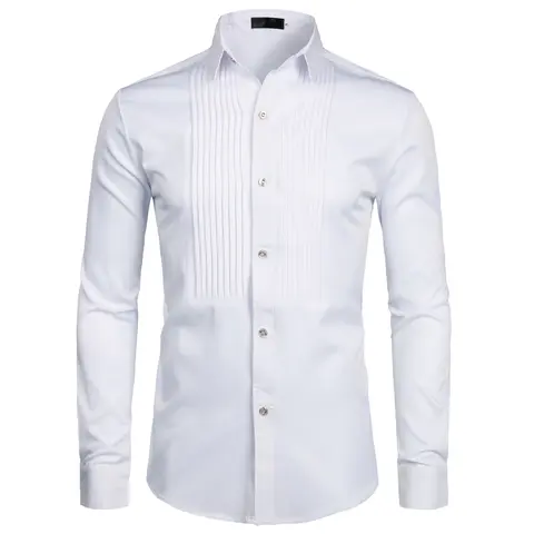 ZEROYAA Men's Fitted Korean Style Slim Plain Long-Sleeve Tuxedo Dress Shirt - Fade-Resistant Polyester Fabric, Button-Front, Inside-Out Wearable for Casual Business, Dating, Party