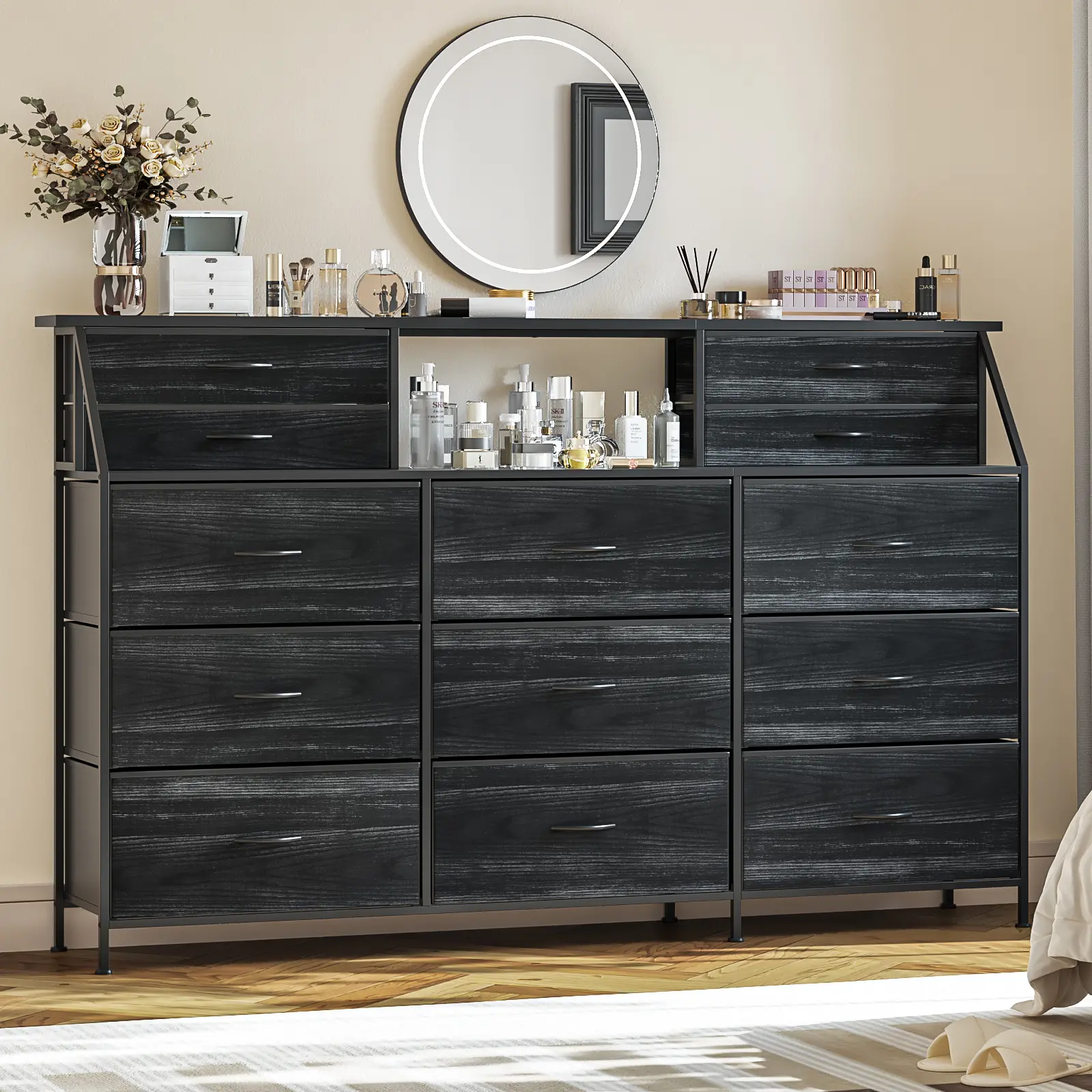PUKAMI Dresser for Bedroom, 72" Extra Wide Long Dresser for Closet with 13 Large Drawers, Fabric Dressers & Chests 2 Shelves, Sturdy Metal Frame, Wood Top, Furniture Drawer Dresser, Storage Dresser Cabinet