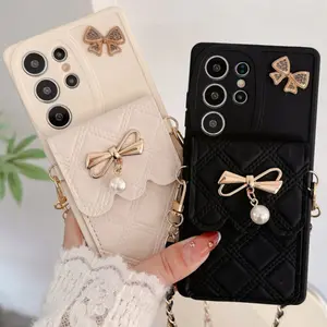 Exquisite Quilted Pattern Phone Case | Pearl Bow Card Holder + Lanyard Protective Case | Shockproof and Scratch-Resistant Design | Compatible with Samsung Galaxy S26 Ultra/S25 Ultra/S24 Ultra | Trendy Fashion Accessory