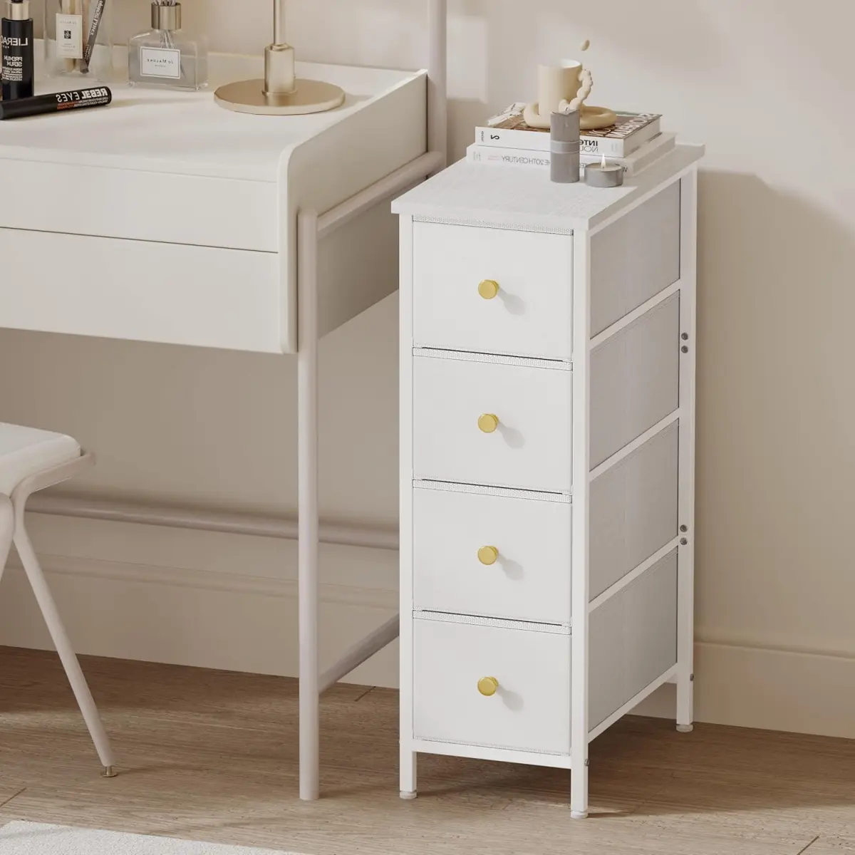 Fixwal Narrow Storage Cabinet, Dresser with 4 Drawers, Slim Fabric Dresser Storage Tower for Small Spaces, Black Dresser with Steel Frame