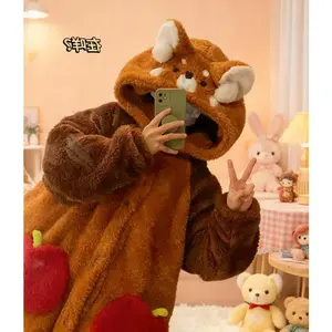Women’s Cute Raccoon Coral Fleece Pajama Set – 2025 New Autumn/Winter Thickened Nightdress for Home Use