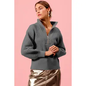 SO ME Half Zip Raglan Balloon Sleeves Ribbed Sweater