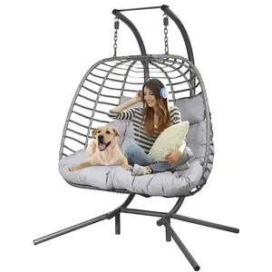 Miu Double Hanging Egg Chair with Weather-Resistant Cushion, 700lbs Capacity - Foldable Patio Swing Chair with Handwoven PE Wicker & Rust-Proof Frame, for Garden, Porch, Backyard