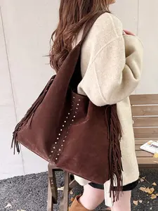 1PC Women's Suede Patchwork Fringe Crossbody Rivet Embellished Shoulder Bag, Large Capacity Commuter Tote, High-End Style Handbag, Casual Commuter Bag
