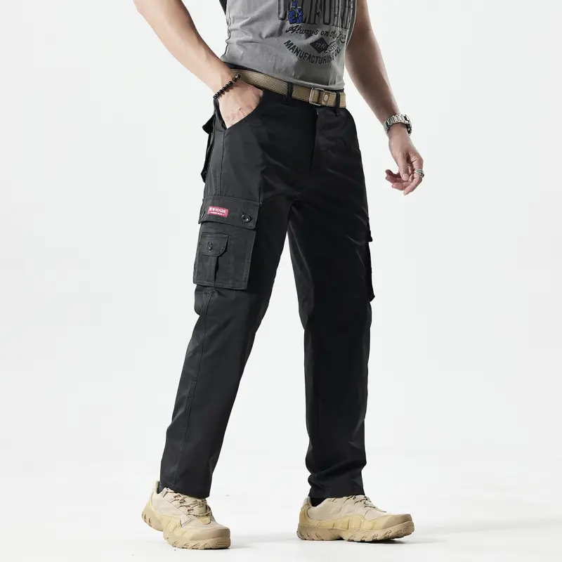 Men’s solid-color straight cargo pants with multiple pockets—versatile long pants for everyday casual wear; suitable for all seasons, comfortable and multi-functional casual trousers.