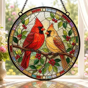 Red Cardinal Hydrangea Stained Glass Suncatcher, Memorial Bird Window Hanging, Nature Lover Decor Gift