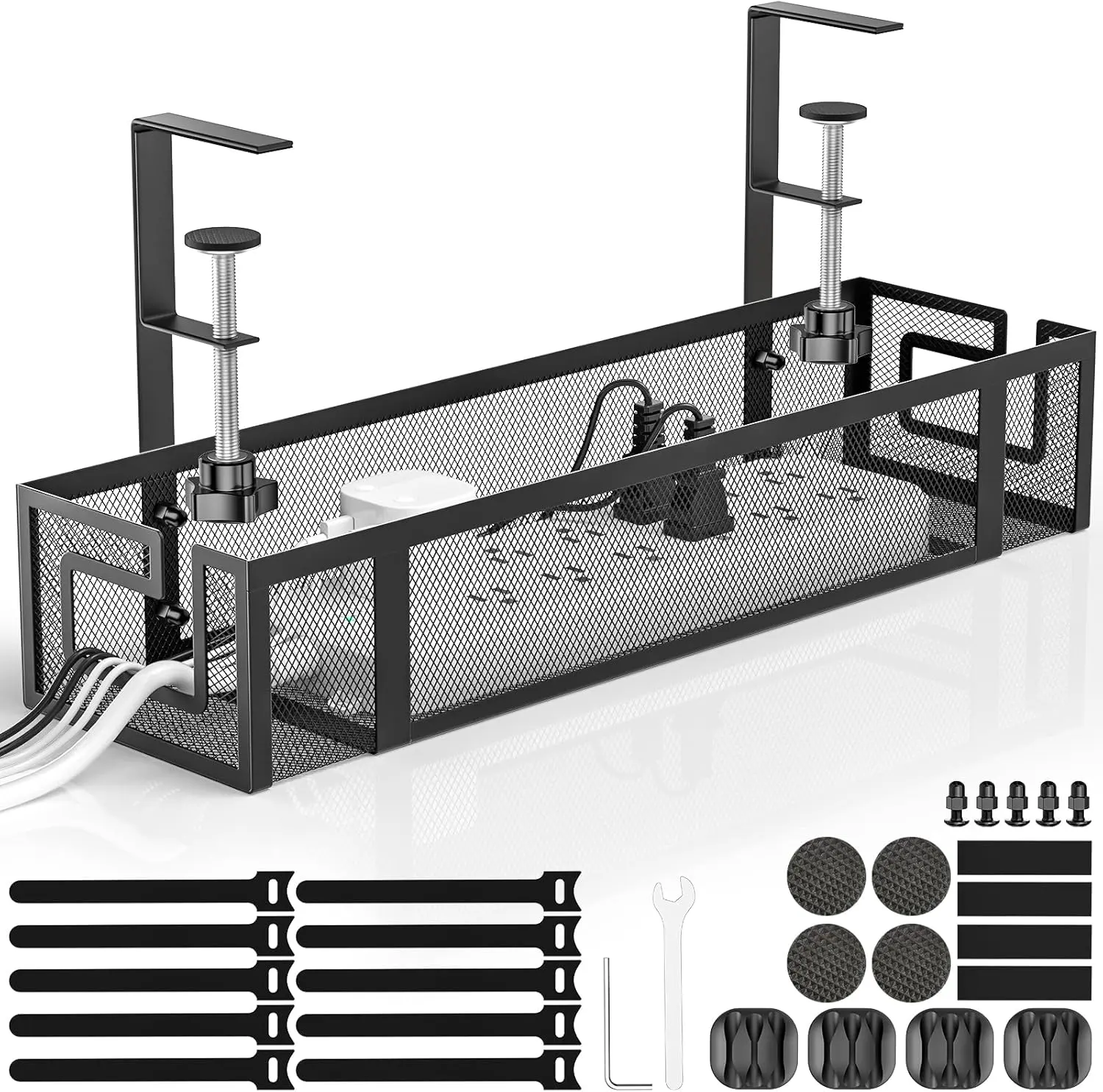 Under Desk Cable Management Tray, 15.75" No Drill Cable Management under Desk, Heavy Duty Metal Cord Organizer, Home Office Wire Management for Standing/Gaming Desk, 1 Pack Black