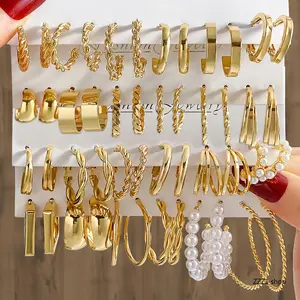 Women's Gold Hoop Earrings Set, Trendy Chunky C-Shaped Huggie Earrings Pack with Twisted Pearl, Textured Geometric Design for Holiday, Casual Wear (Sports & Outdoor Accessories)