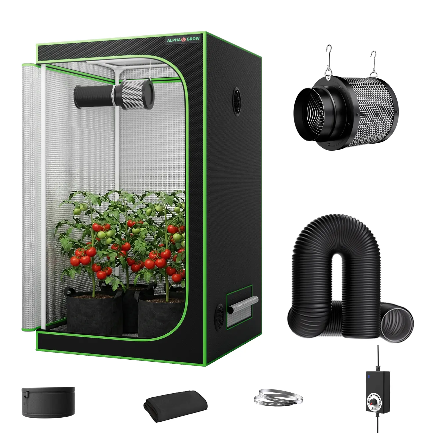 ALPHAGROW 1680D Hydroponic Growing Tent Kit - Waterproof Mylar Indoor Gardening System with 6 in Integrated Fan & Carbon Filter, Zippered Classic or Full-View Door (2x2/2x4/4x4 Sizes) for Garden Plant Supplies