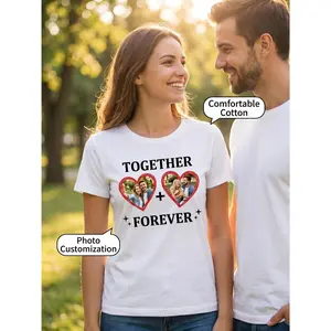 Custom Photo T-Shirt for Couples - Personalized Matching Tees with Your Own Photos & Heart, Breathable Cotton Crewneck Suitable Men Women, Anniversary Gifts, Outfits, Valentine' Keepsake, Machine Wash