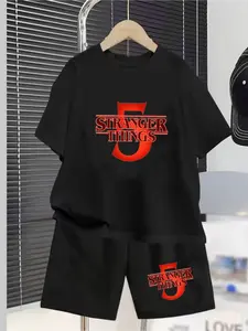 Netflix American Tv Series Final Season "Stranger Things" 5 Printed Children's Set, Summer New Style, Unisex Design Boys' And Girls' Short-Sleeved T-Shirts + Shorts 2-Piece Set, Comfortable, Casual For Daily Use, Ideal Gift Choice