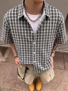 Men's Vintage Loose-Fit Striped Short Sleeve Shirt, Plaid Casual Button-Down Top, Versatile Plain Design, Perfect for Daily Wear